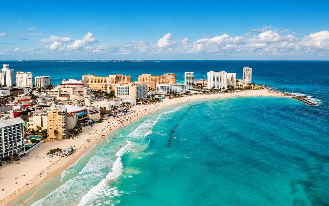 Vista aérea de la Zona Hotelera de Cancún junto al mar Caribe